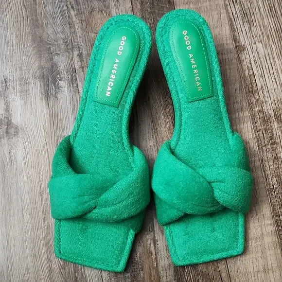 Good American Women's Green Terry Kitten Heel Sandals Kickstand Mules6‎ 1/2-7